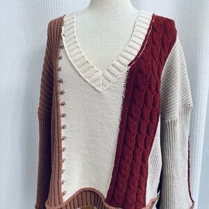 POL Color Blocked V Neck Sweater L Braided in Parts Beautiful